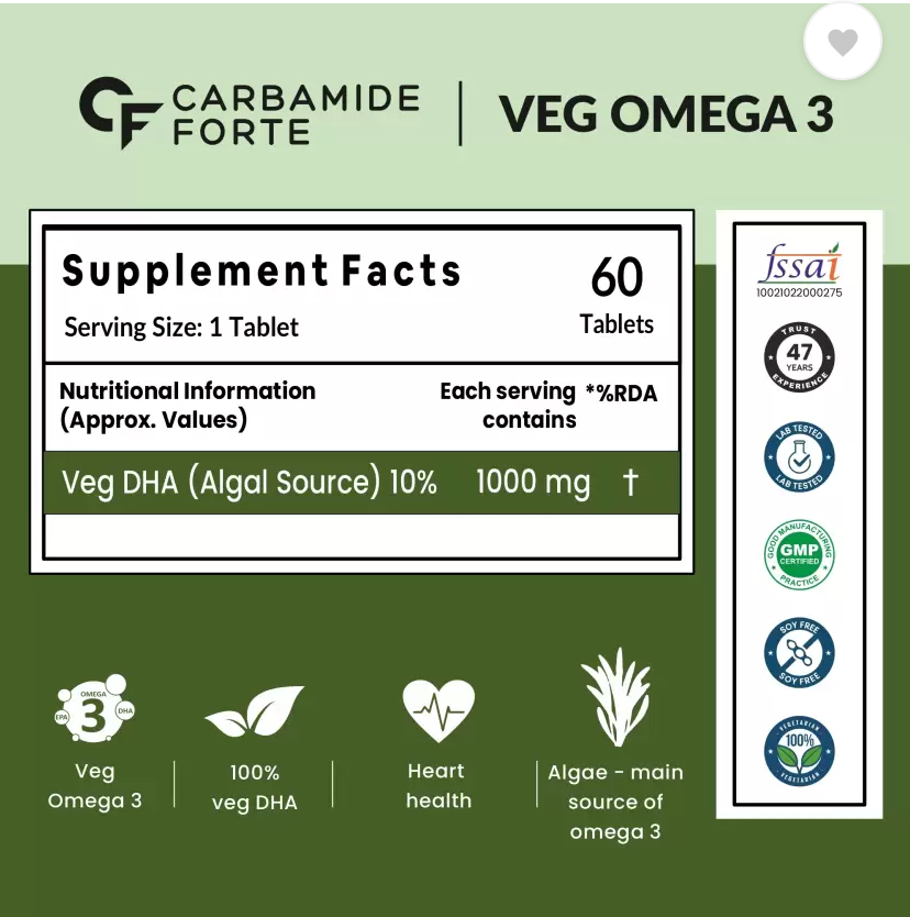 CARBAMIDE FORTE Veg DHA Omega 3 1000mg Tablets for Men & Women(60 No)