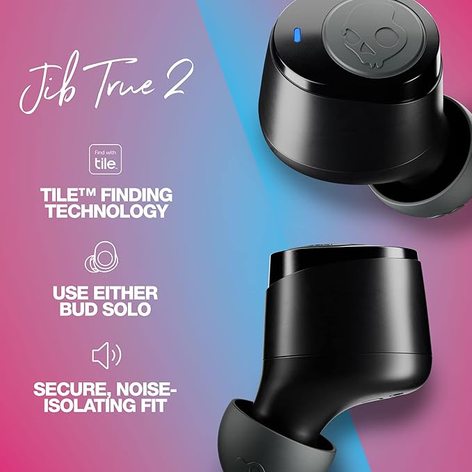 Jib True 2 in-Ear Wireless Earbuds, 32 Hr Battery, Microphone, Works with iPhone Android and Bluetooth Devices - Black