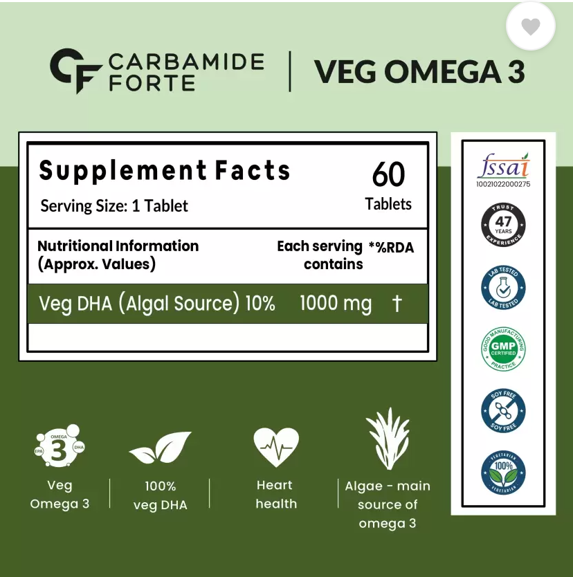 CARBAMIDE FORTE Veg DHA Omega 3 1000mg Tablets for Men &amp; Women(60 No)